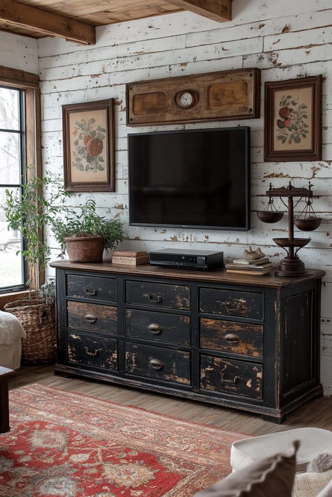 A rustic living room features a distressed black dresser, a mounted television, framed artwork, and decorative plants. The walls and ceiling are wood paneled, with a large window on the left.