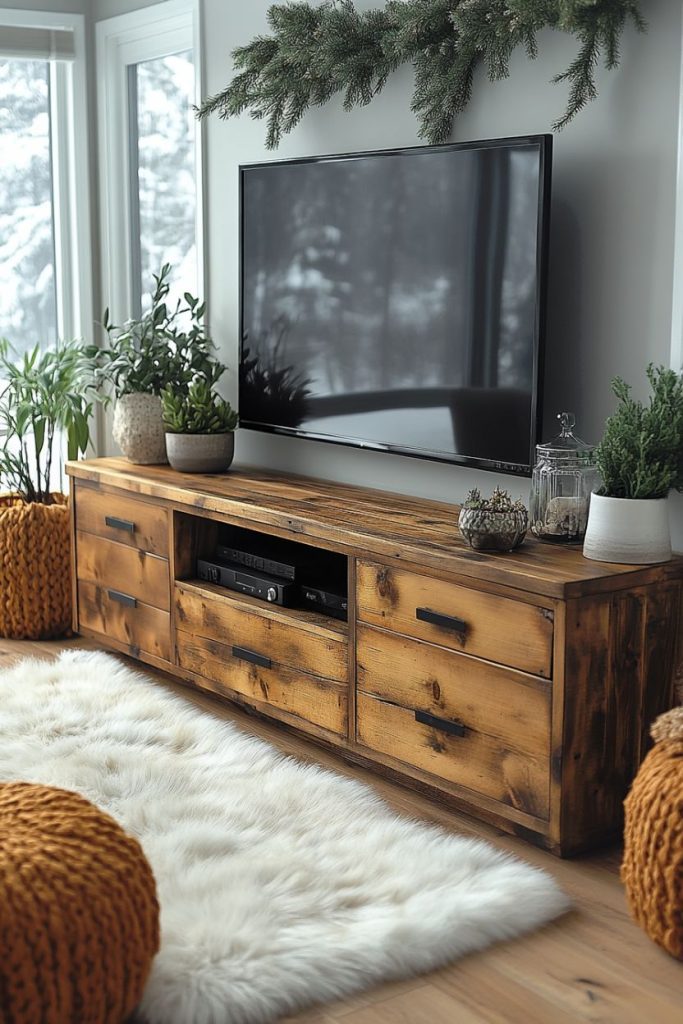 A cozy living room with a large TV on a wooden stand surrounded by plants and a fluffy white carpet on the floor. Orange knitted poufs are attached on both sides.