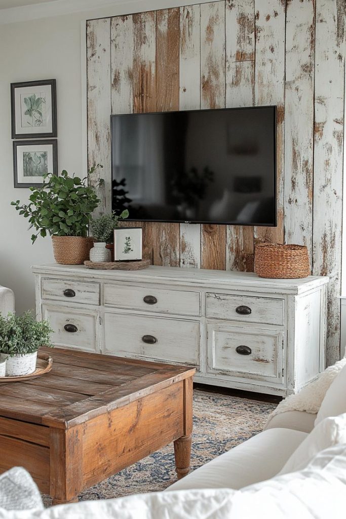 Living room with a large television on a rustic wood accent wall. Below is a white vintage cabinet surrounded by plants and wicker baskets, in front of which is a wooden coffee table.