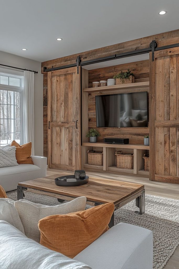 Living room with a television on a wooden entertainment unit with sliding doors surrounded by white sofas and orange pillows and a large window letting in natural light.