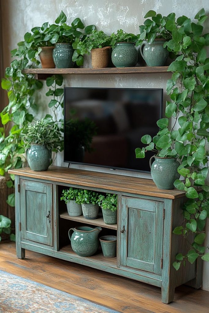 A rustic TV stand with a flat screen television surrounded by green potted plants and ivy in front of a textured wall.