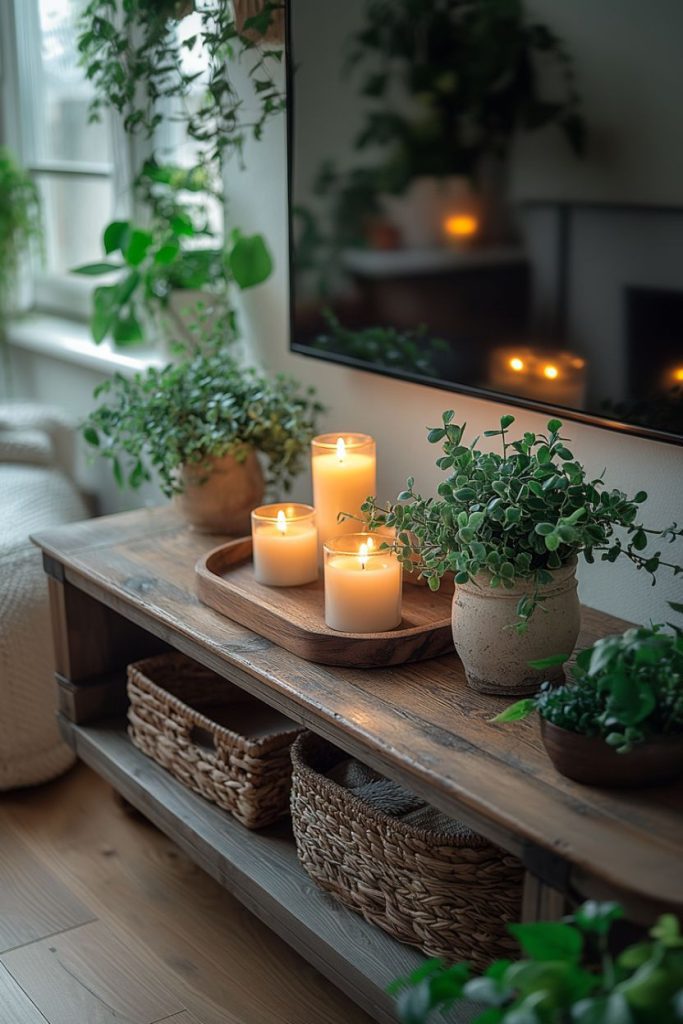 A wooden table with lit candles on a tray surrounded by potted plants and wicker baskets, including a wall-mounted television.