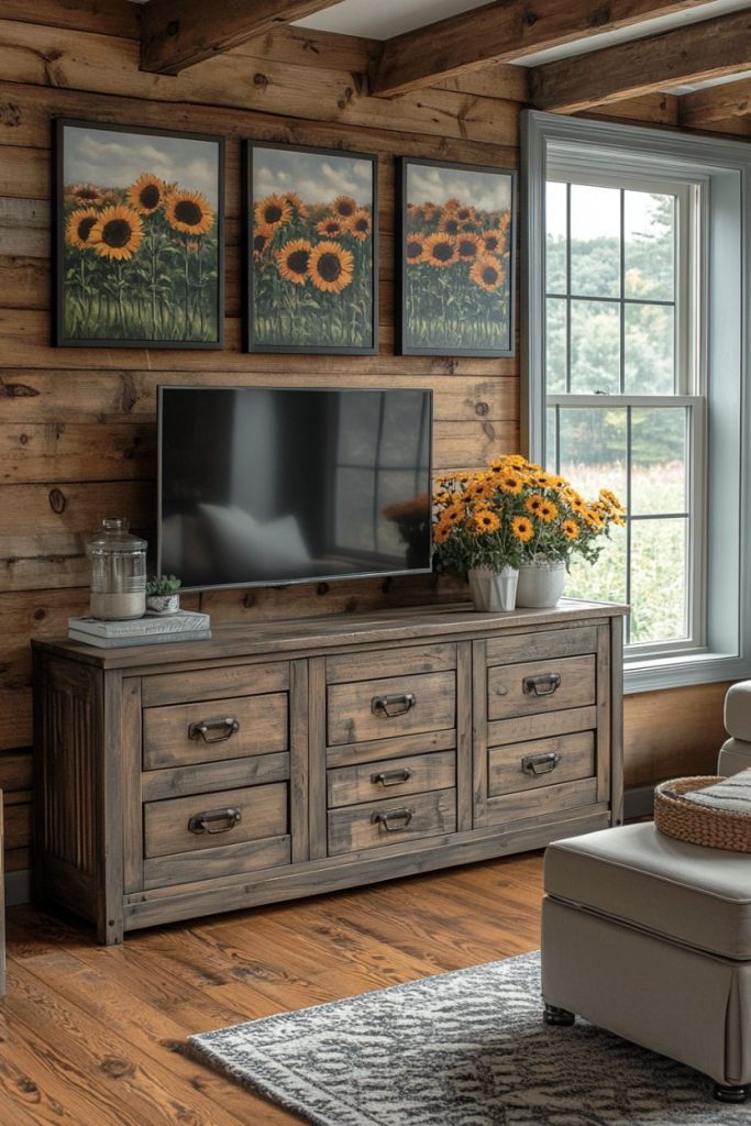 Rustic living room with wooden dresser, television and sunflower decor. Sunflower paintings hang above and a window provides natural light.