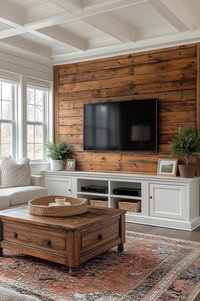 Living room with a large television on a wooden accent wall, white cabinets underneath, a wooden coffee table, decorative plants and a patterned rug.