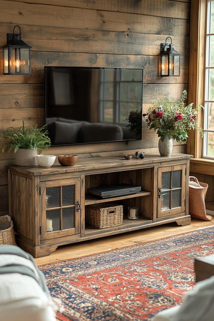 A rustic living room with a wooden TV stand, a flat screen TV, potted plants and lanterns on the wall, all in front of a wood paneled wall, with a patterned rug on the floor.