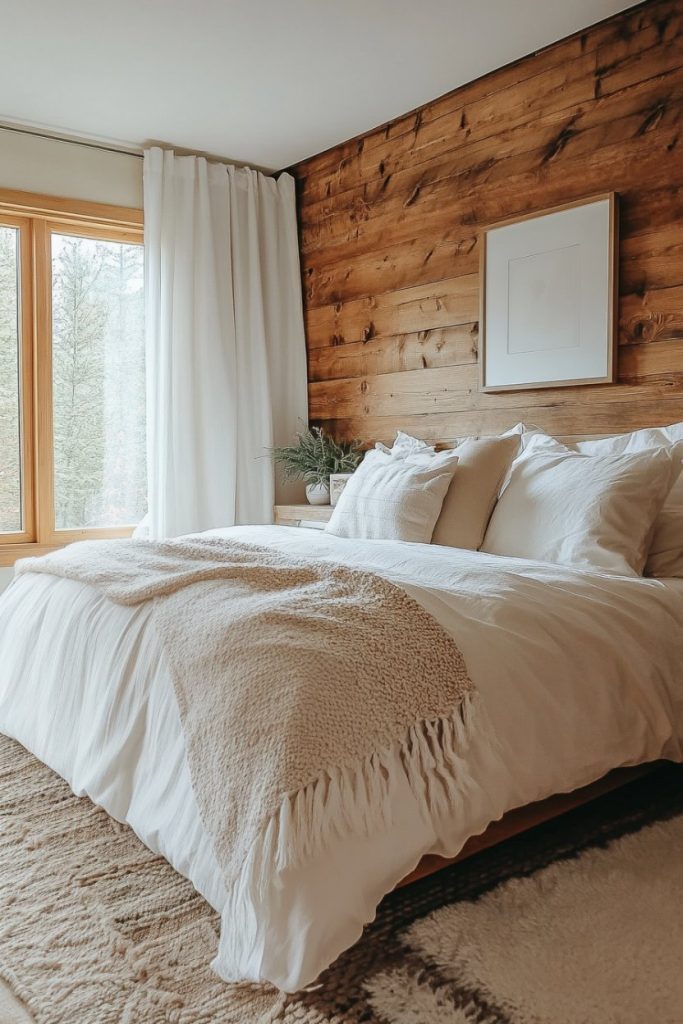 A cozy bedroom with a large bed, white linens and textured pillows. A wooden accent wall, soft curtains and a potted plant by the window create a warm atmosphere.