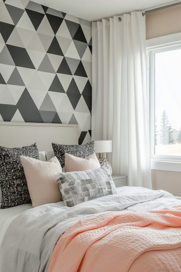 Bedroom with geometric patterned accent wall, bed with pillows and coral blanket, white curtains and a window with a view of a house and trees.