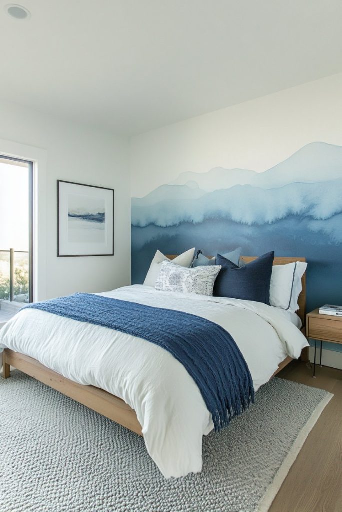 A bedroom with a bed with white and blue linens, a blue abstract mural on the wall, a bedside table and a framed picture. There is a large window on the left and the room is lined with a light carpet.