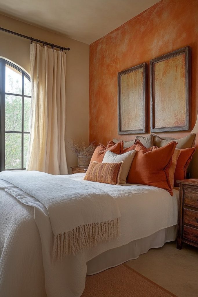 A cozy bedroom with an orange accent wall, white bedding and orange pillows. Two framed works of art hang above a wooden nightstand. Next to the bed there is a window with cream curtains.