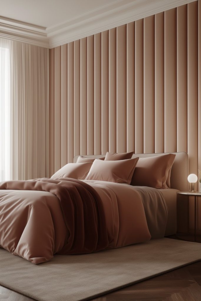 A cozy bedroom in a soft pink style with a large bed with pillows and a blanket, flanked by a modern bedside lamp. Vertical, padded wall panels add structure to the room.