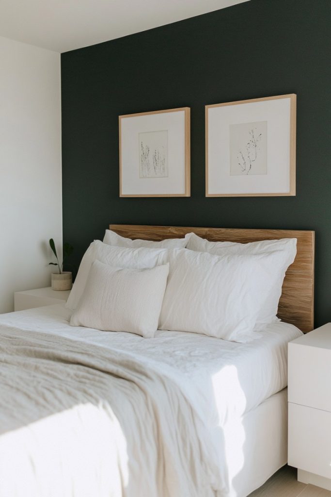 A neatly made bed with white linens, a wooden headboard and two framed line drawings on a dark wall.