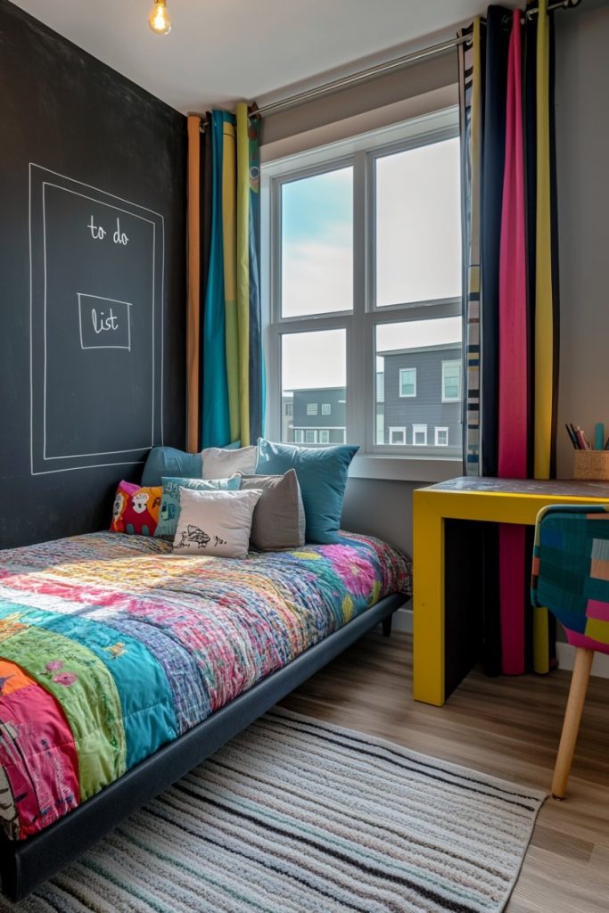 A colorful bedroom with a patchwork bedspread, a large window and a blackboard on the wall "To do list." There is a yellow desk and a striped chair next to the bed.