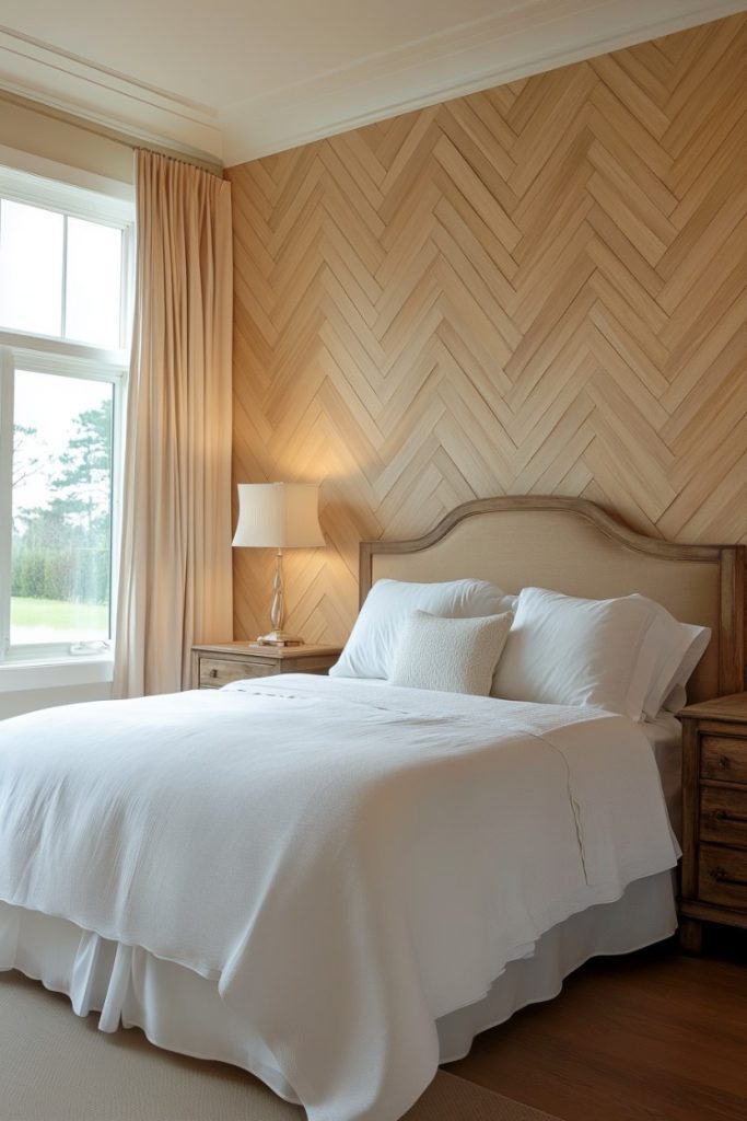 A bedroom with a bed and white linens, a wooden headboard, two wooden nightstands with lamps and a herringbone wood accent wall. Natural light streams through a window with beige curtains.