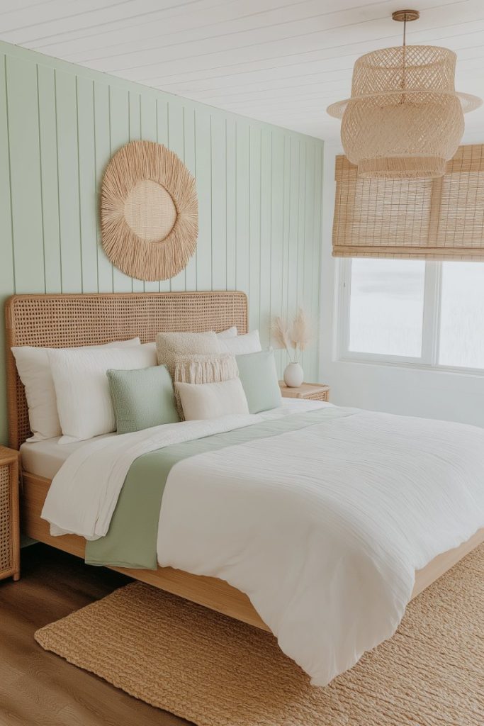 A bedroom with a wicker bed frame, white and green linens, a wicker pendant light and woven wall decoration. Light green paneling and natural light enhance the tranquil atmosphere.