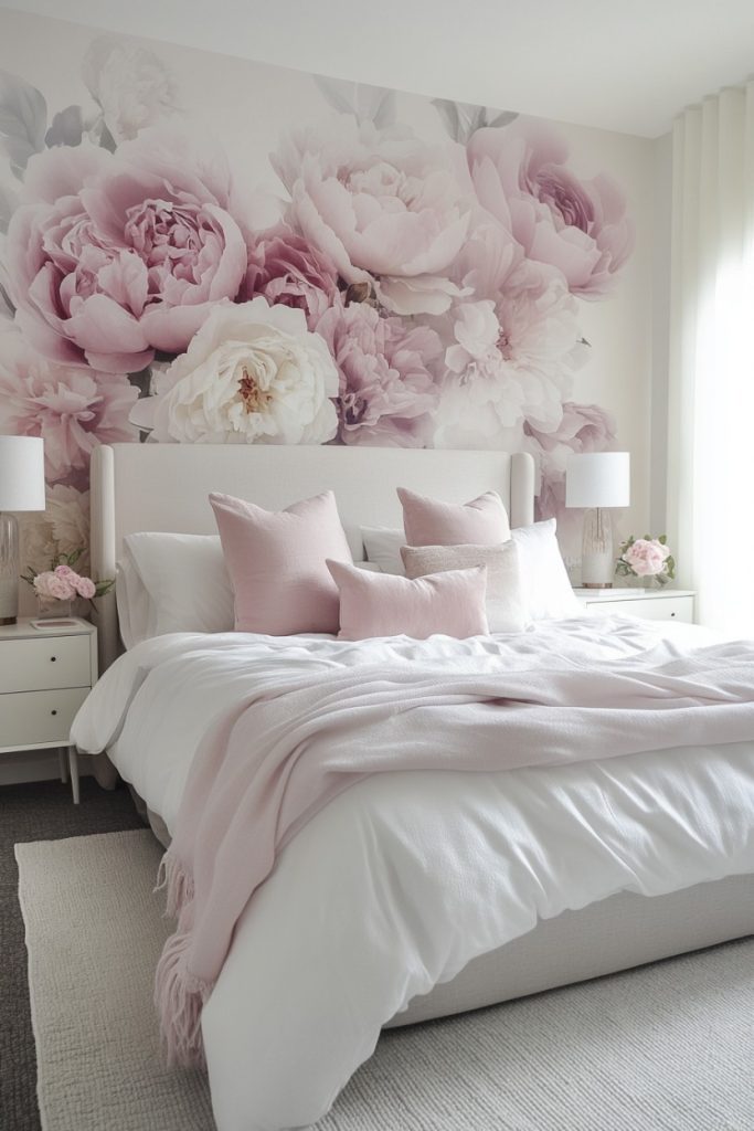 A bedroom with a white bed, pink pillows and a pink blanket. Floral wallpaper with large pink and white flowers. Two white bedside tables with lamps and matching decor.