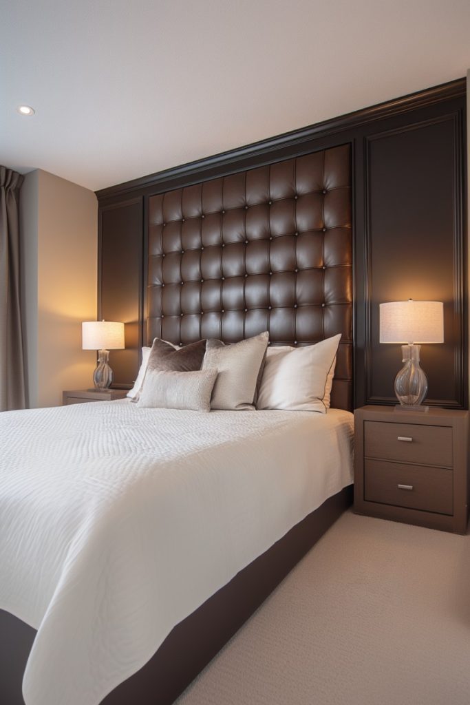 A neatly made bed with white linens, a tufted brown headboard and two bedside tables each with a lamp. The wall and the decor give the room a modern, cozy atmosphere.