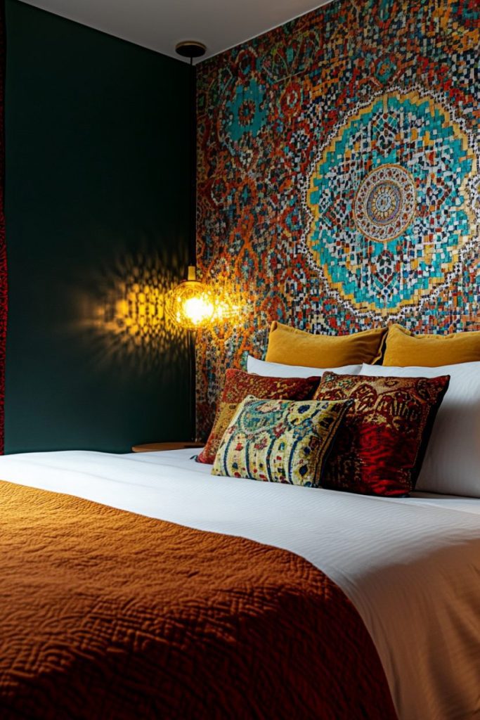 A bed with colorful patterned pillows and a rust-colored throw sits next to a wall with intricate geometric patterns. A warmly glowing pendant light hangs above it.