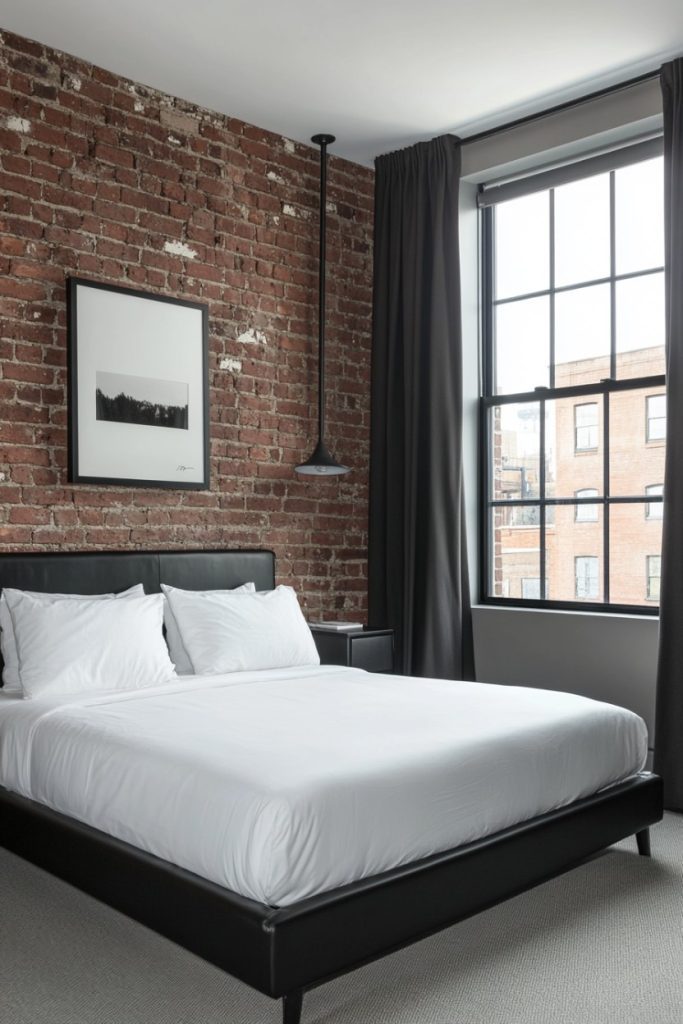 Bedroom with a brick accent wall, a large window and a modern black frame bed with white linens. A single pendant light hangs from the ceiling and a framed picture hangs on the wall.