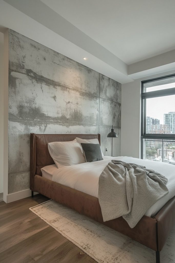 Modern bedroom with a double bed, gray bedding and a concrete accent wall. Large window with city view on the right.