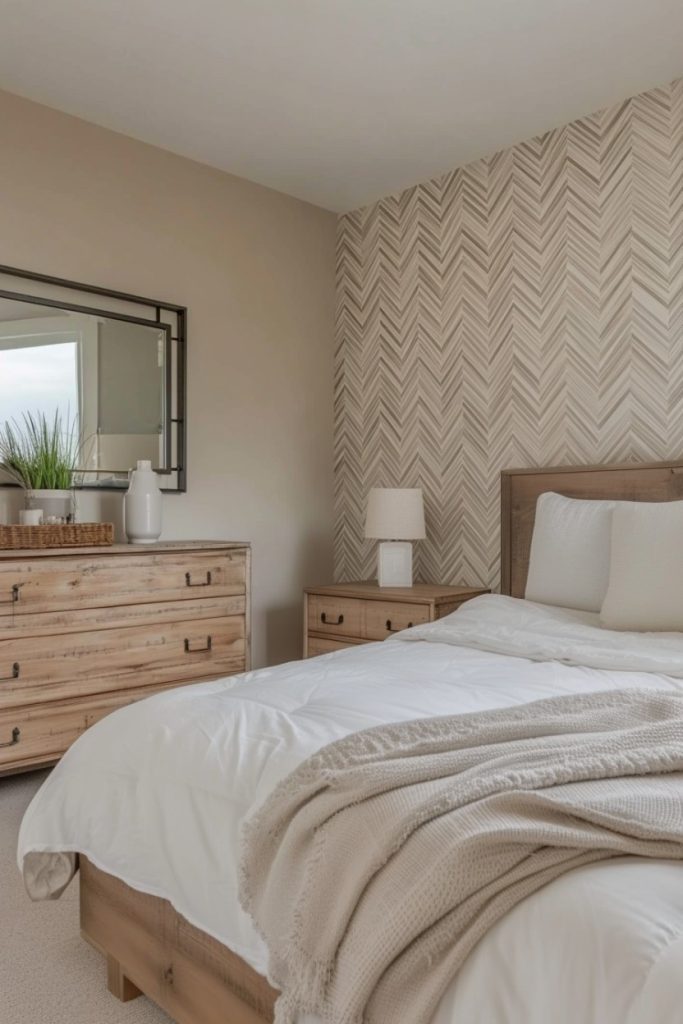 A modern bedroom with a wooden bed, white bedding, a beige textured accent wall, a wooden dresser with a mirror and a small lamp and plants on it.