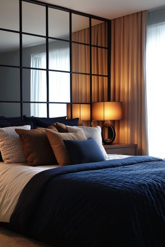 A modern bedroom with a neatly made bed with blue and beige pillows. A black partition with a grid pattern and an illuminated table lamp enhance the warm atmosphere.