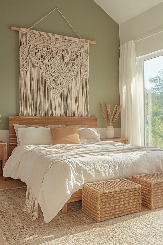 A bedroom with a wooden bed, white linens, a large macrame wall hanging, wicker baskets and a window with curtains and a view of the greenery.