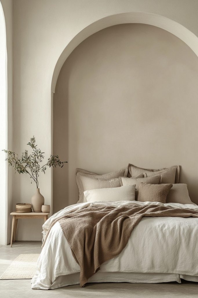 A minimalist bedroom with a bed in neutral tones, several pillows, a textured blanket, a side table with a vase and a decorative plant under an arched wall. Natural light through a large window.