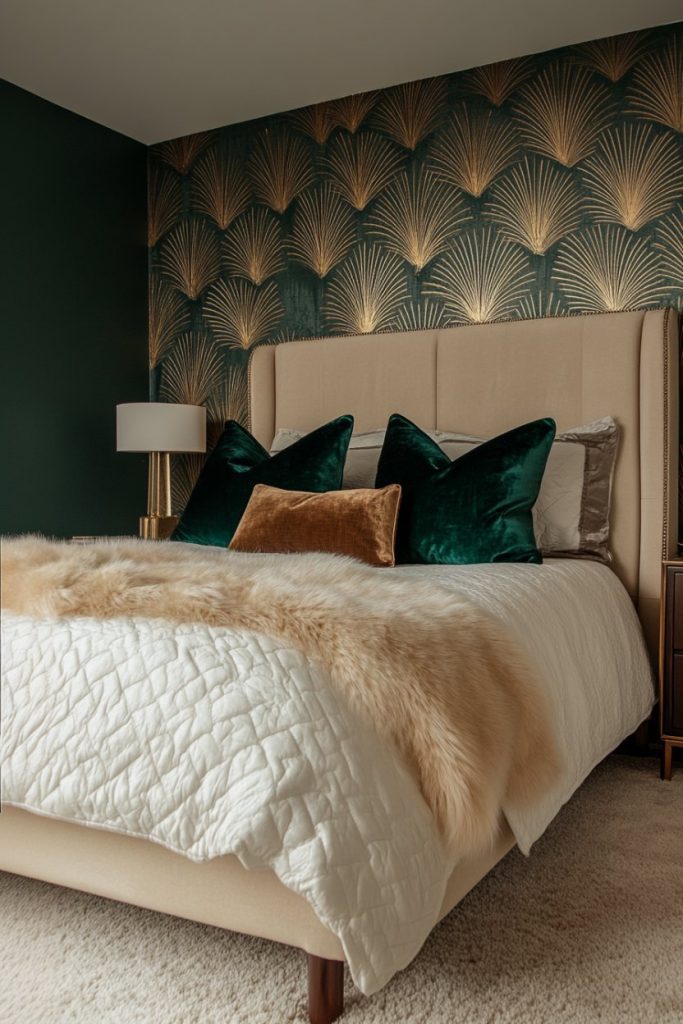 A cozy bedroom with a beige bed, green and brown pillows, a fur throw and art deco wallpaper. There is a bedside lamp on a wooden bedside table.