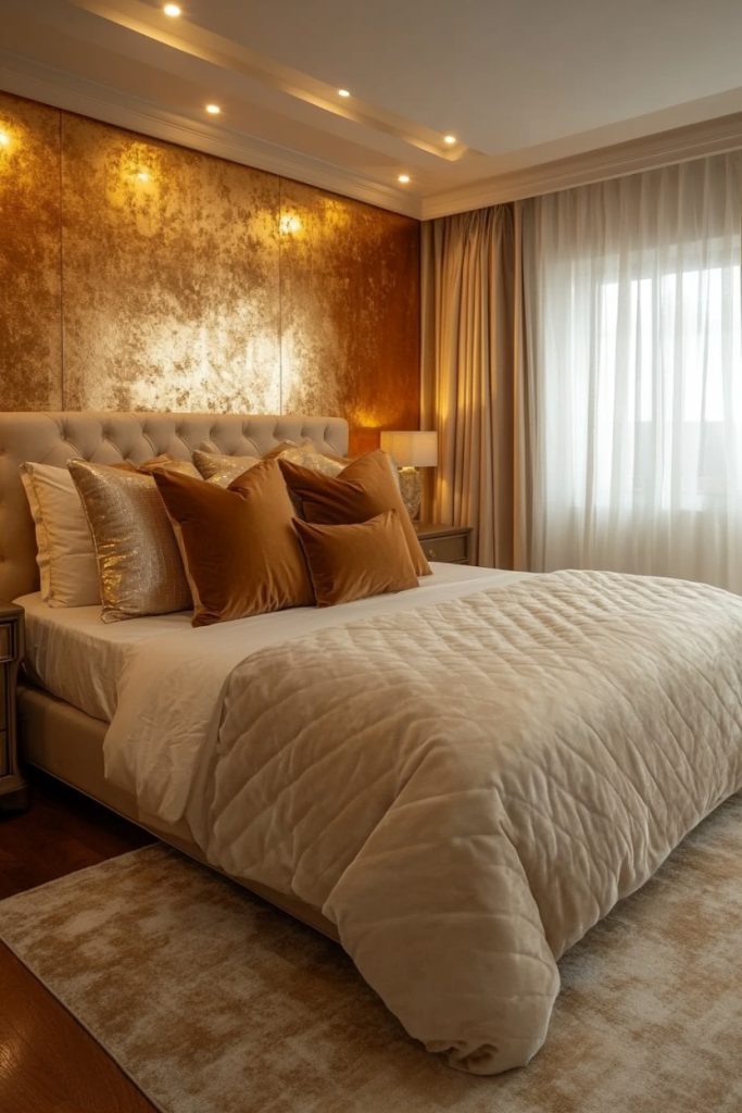 Luxurious bedroom with a gold accent wall, a soft bed with tan linens and pillows, mood lighting and floor-to-ceiling curtains.