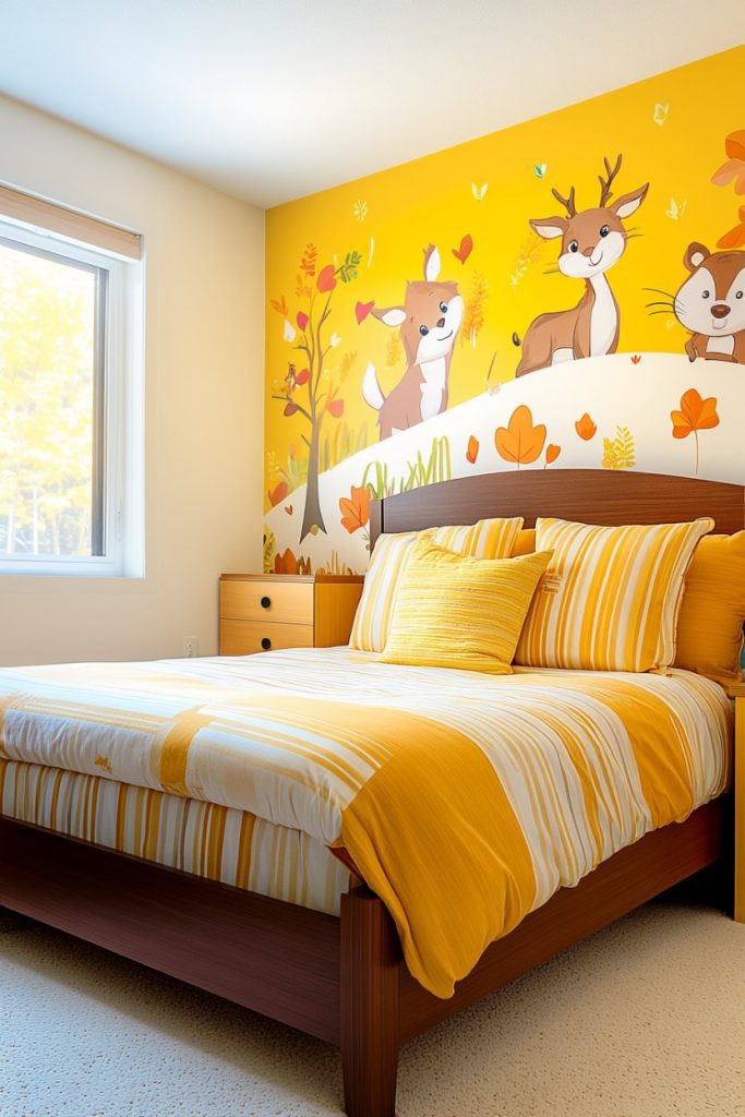 A bright bedroom with a yellow and white striped bedspread and a bedside table. There is a mural with cartoon animals and autumn leaves on the wall.