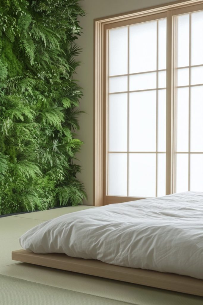 A minimalist bedroom with a low bed and white linens, a large wooden framed window and a green vertical garden wall.