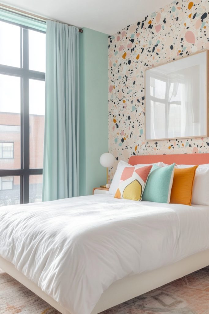 Bedroom with a double bed, colorful abstract pillows, a pastel terrazzo patterned accent wall, a large window with teal curtains and a small lamp on a bedside table.