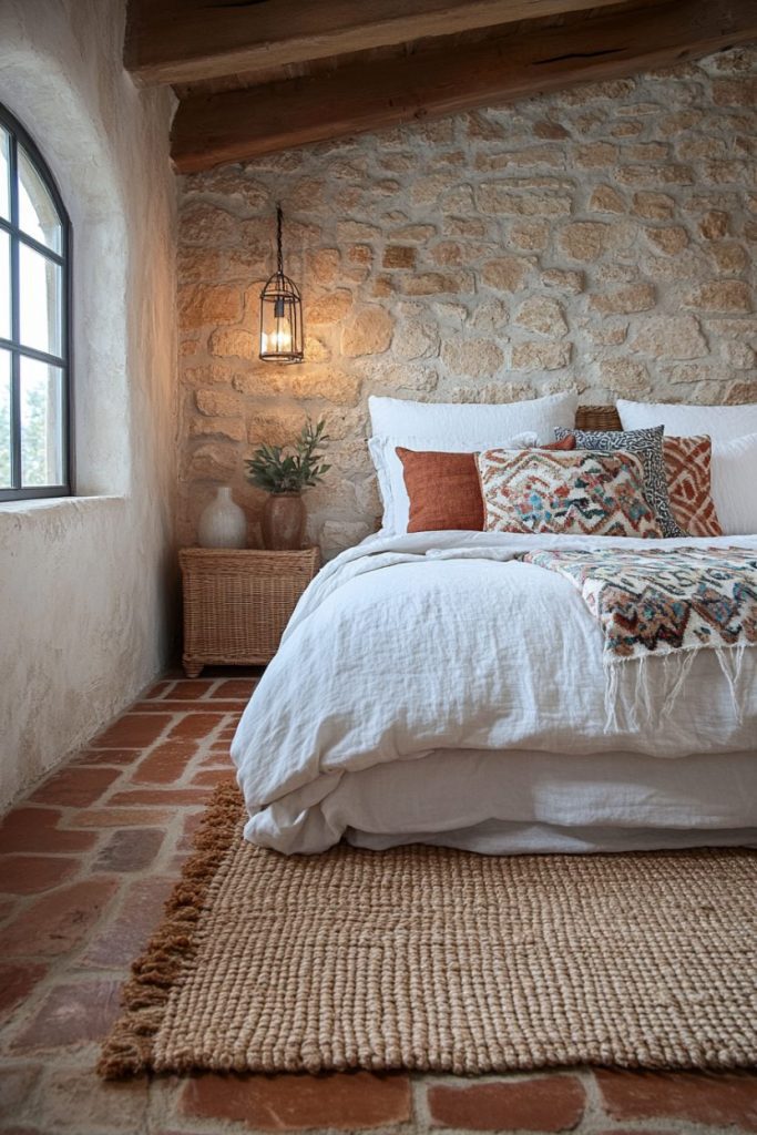 Cozy bedroom with stone walls, a bed with white linens, patterned pillows, a wicker basket and a woven rug on a terracotta floor. A lantern hangs above the bed.