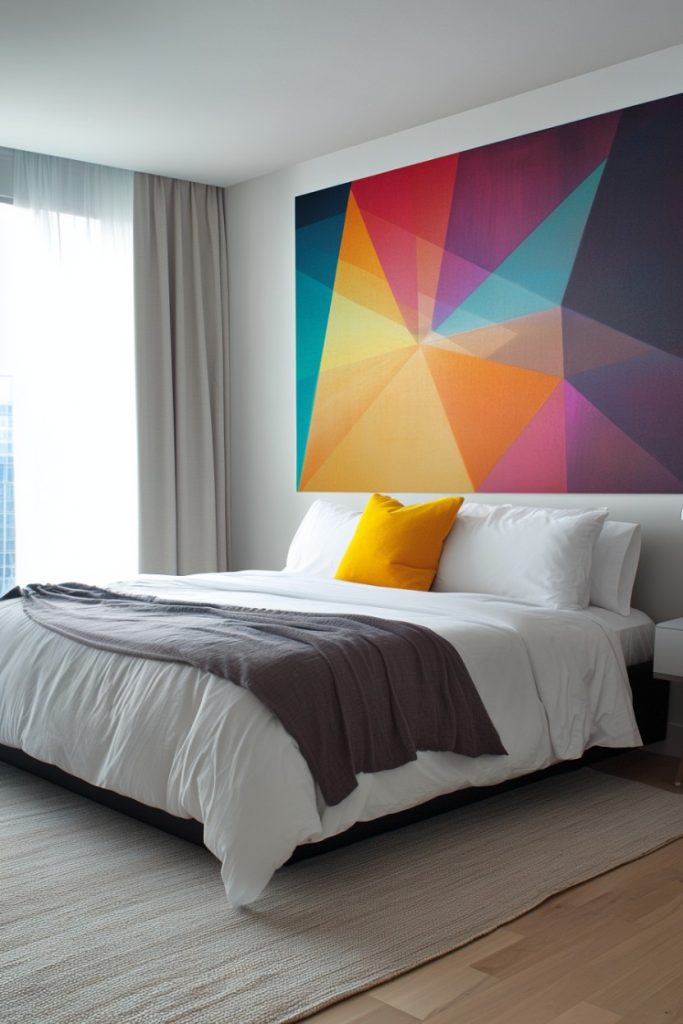 Modern bedroom with white bed, gray throw and a large colorful geometric artwork on the wall. Natural light streams in through a window with sheer curtains.