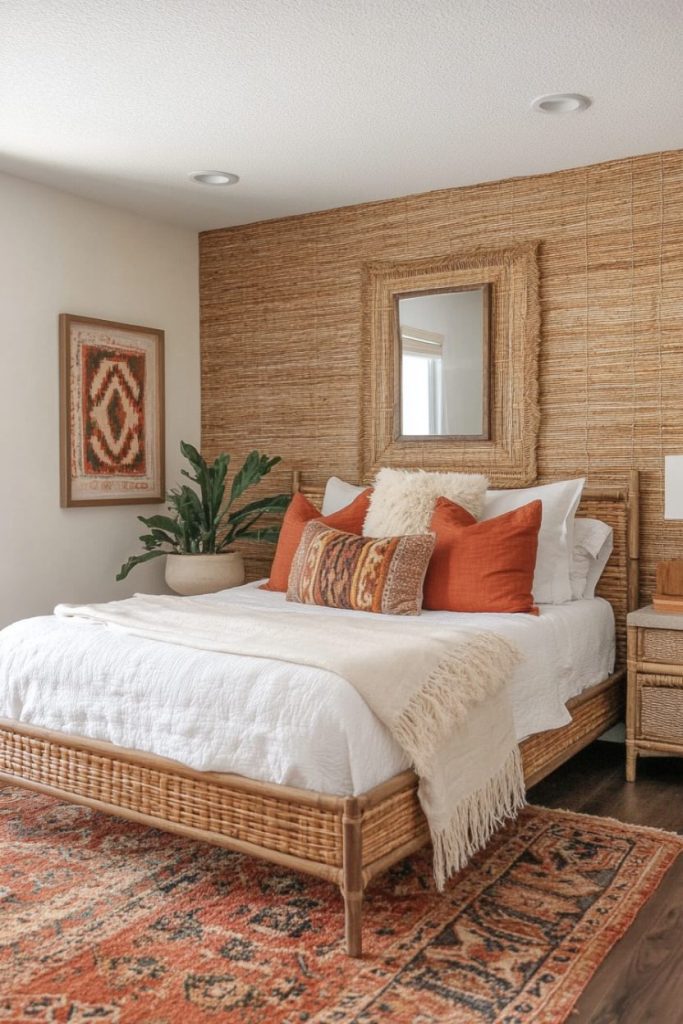 A bedroom with a woven bed frame, white linens and orange pillows. On a wicker wall, a potted plant, a framed piece of art and a mirror sit on a patterned rug.