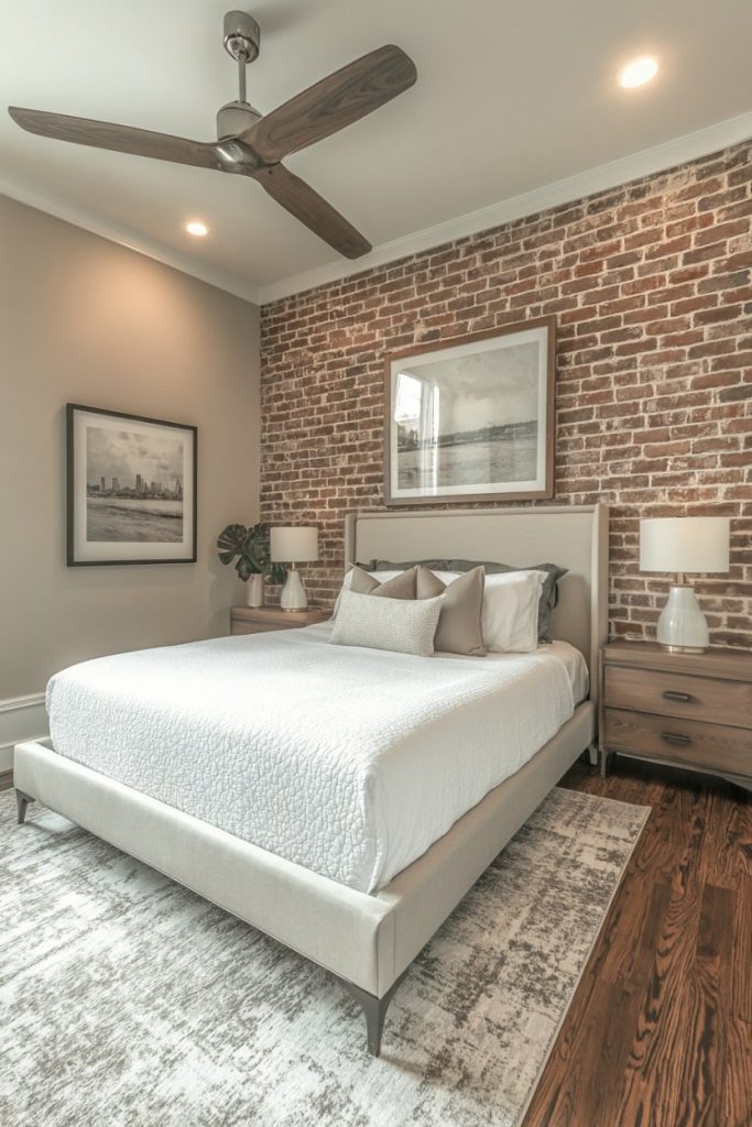 A bedroom with a white bed, wooden nightstands, a brick accent wall and framed art. There is a ceiling fan and a plant, as well as hardwood floors and a patterned carpet.