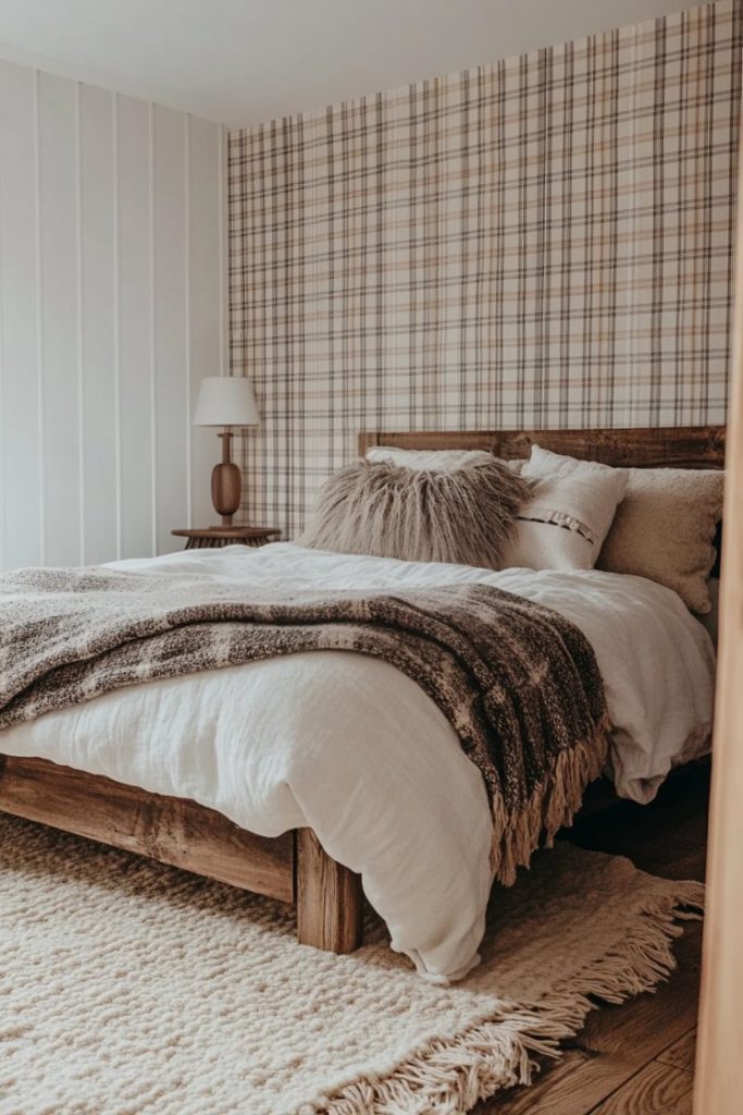 Cozy bedroom with checkered wallpaper, a wooden bed, white and brown bedding, textured pillows, a beige knitted rug and a wooden bedside table with a lamp.