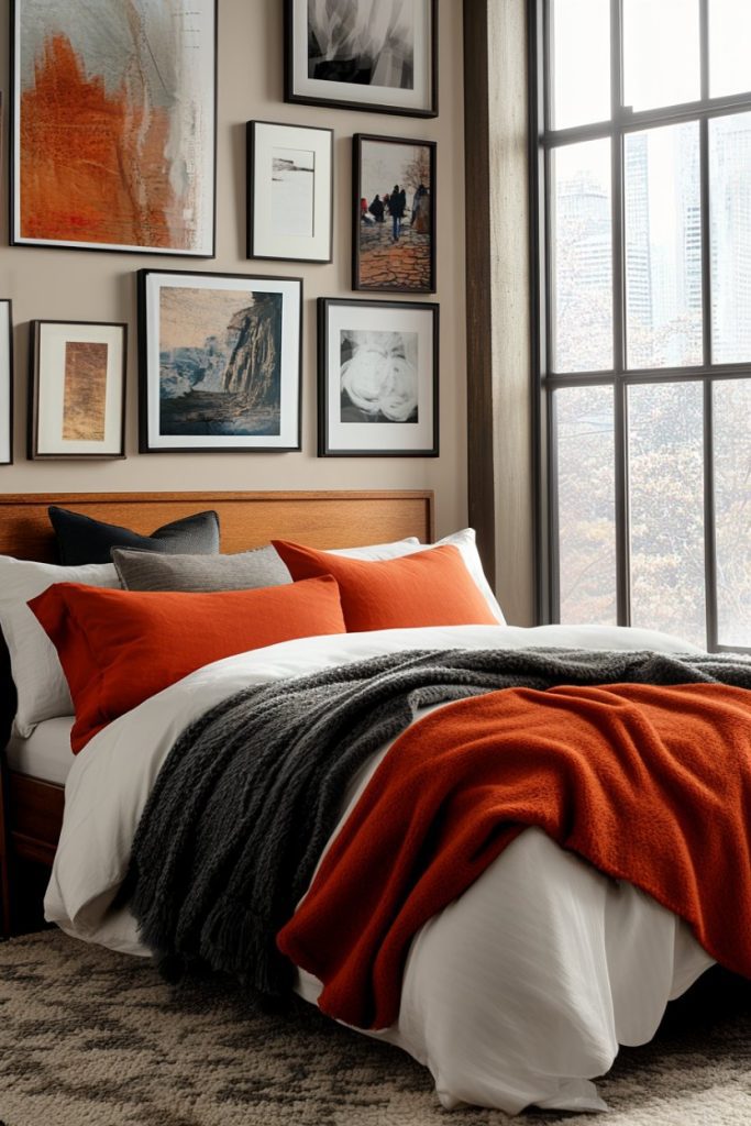 Cozy bedroom with a neatly made bed with orange and gray pillows and blankets. A gallery wall with framed art and a large window with city views complete the decor.