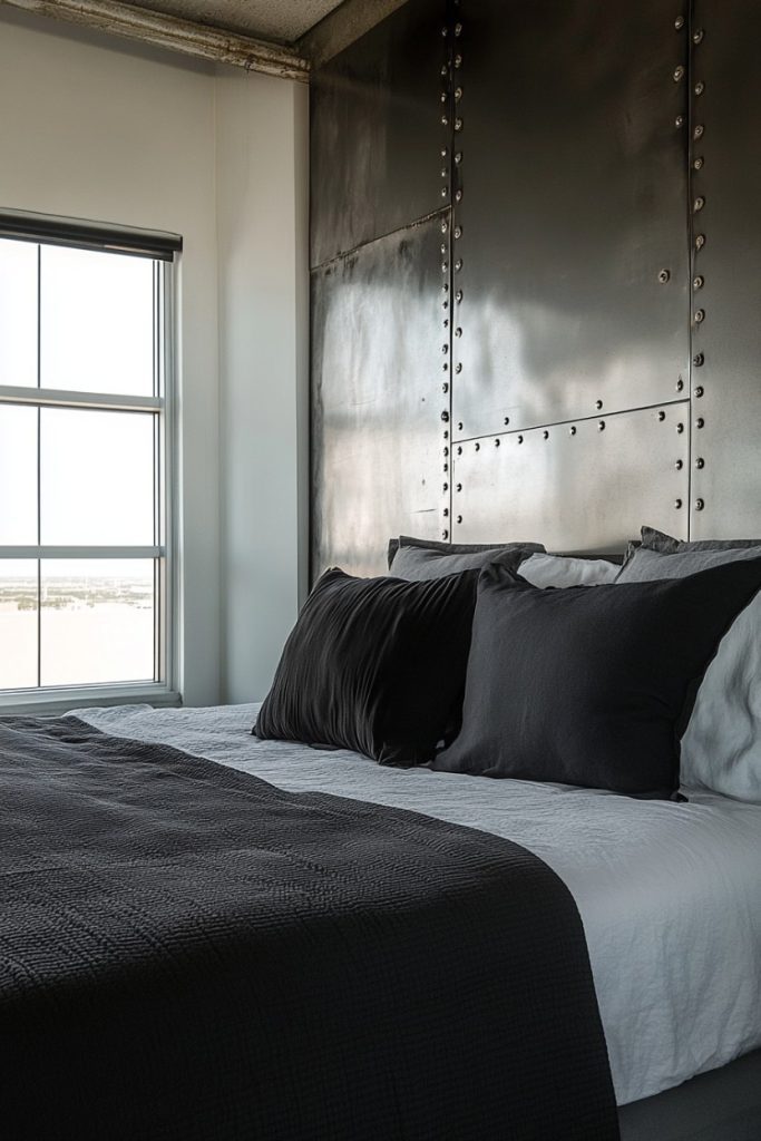 Modern bedroom with a metal paneled wall, a window and a bed with white and dark gray linens and pillows.