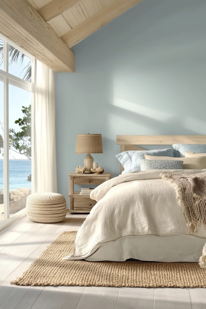 A sunlit bedroom with a bed, beige linens and a blanket. Next to it is a bedside table with a lamp and decor. A large window offers a view of the sea and the palm trees.