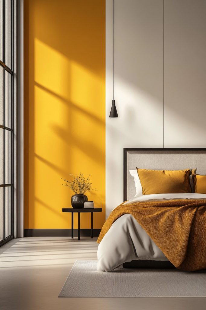 Modern bedroom with large window. Features a yellow accent wall, a bed with yellow and white linens, and a black side table with a flower vase. A pendant light hangs above.