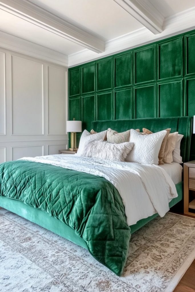 A bedroom with a dark green velvet accent wall behind a bed. The bed has a green quilt and white pillows. There are two wooden bedside tables with lamps on each side. There is a patterned carpet on the floor.