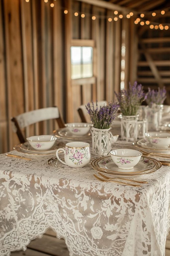 A rustic table with floral china, lace tablecloth and lavender jars in a wooden room with fairy lights.