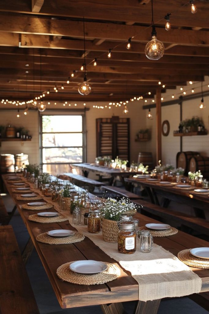 Rustic dining room with long wooden tables, plates and woven placemats. Mason jars with gypsophila flowers and fairy lights hang from the wooden ceiling. Warm, welcoming atmosphere.