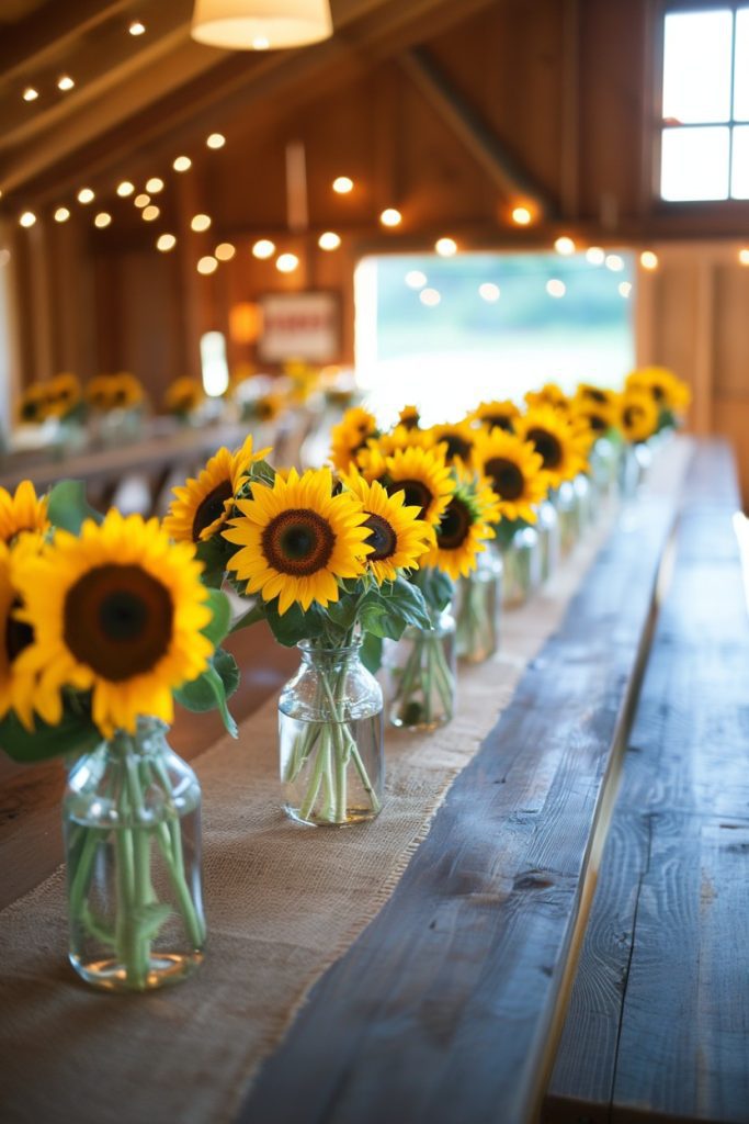 Rows of sunflowers in jars on a wooden table in a rustic, warmly lit room.