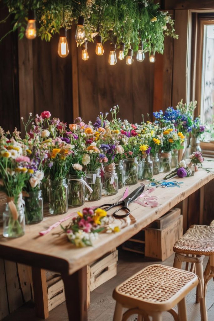 A wooden table with jars of various colorful flowers, including hanging light bulbs, in a rustic setting with stools and wooden boxes.