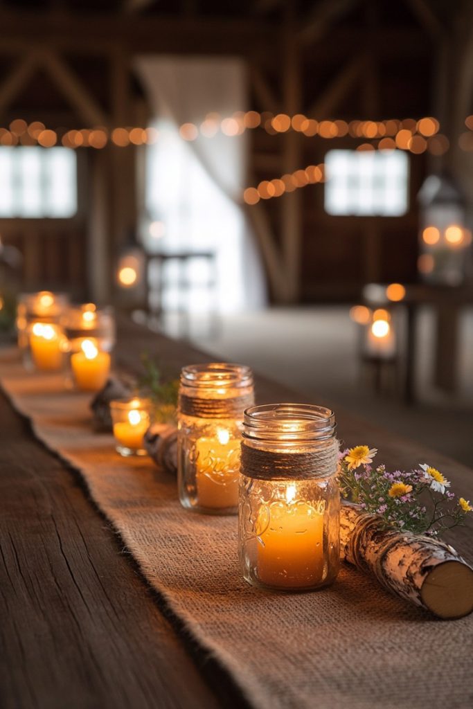 Candles in mason jars stand on a burlap runner on a wooden table, with fairy lights and soft natural light in the background.