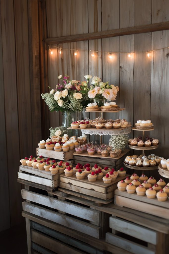 Cupcakes and flowers on wooden boxes, fairy lights in the background.