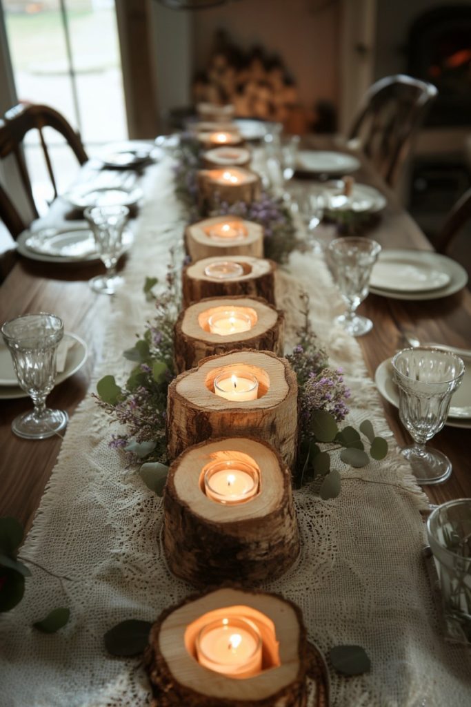 A set wooden table for dining with plates, glasses and a lace runner with wooden candle holders and small purple flowers.