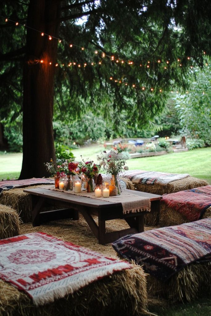 Outdoor seating area with carpeted hay bales, a wooden table, candles and floral arrangements. Fairy lights hang from trees in a lush garden.